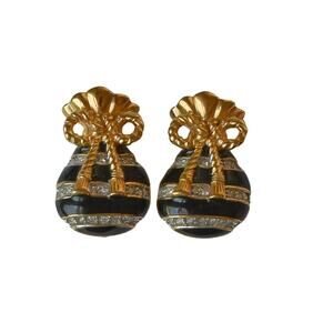 1990s Nina Ricci Runway Earrings, Gold Plated Bow, Black Enamel & Crystal